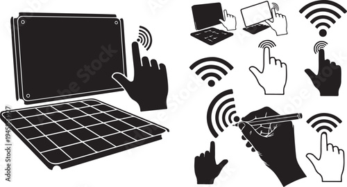 Black and white illustration of hands interacting with technology