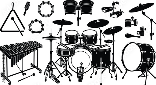 Black silhouette vector set of percussion instruments including drum kit, xylophone, bongos, tambourine, triangle, and cymbals for music and rhythmic design