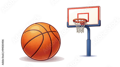 Basketball and Hoop Isolated on White Background, Sport Equipment Illustration