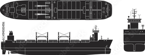 Detailed cargo ship blueprint vector illustration with top side and front views isolated technical maritime vessel design schematic