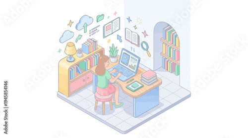 Student sitting at desk in classroom with books and computer for education