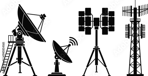 Black silhouette vector set of satellite dish antennas, communication towers, and radar equipment for broadcasting, telecommunications, and global data signal transmission