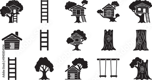Treehouse icons and tree silhouettes with ladders and swings