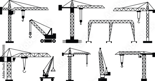 Silhouette icons of construction cranes, tower crane, mobile crane, gantry crane, lattice boom crane, heavy lifting equipment, industrial engineering design illustration