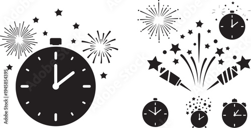New Year's Eve Celebration with Clocks and Fireworks Display