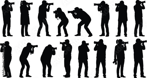 Large collection of professional photographer silhouettes set, men and women holding cameras, taking photos, isolated on white background, vector illustration.