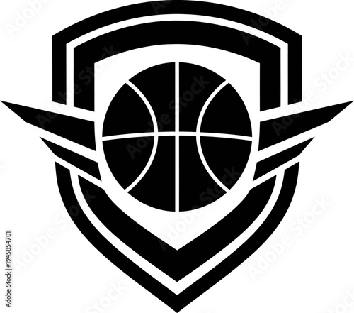 Vector illustration of a 3d black shield with wings and sword symbol designed as a round business web icon or target aim button concept on a circle sign art