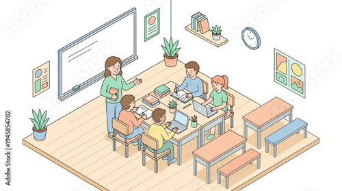 Students learning in a classroom with a teacher and laptops on desks