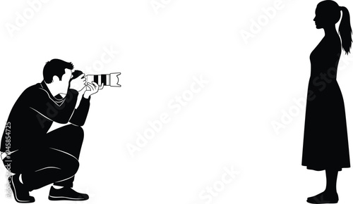 Male photographer silhouette crouching while taking picture of young woman standing in long dress isolated on white background for stock.