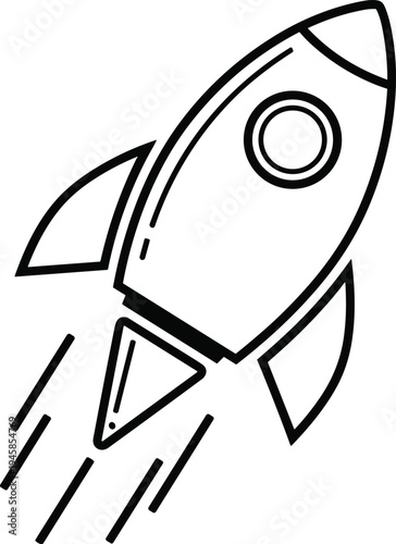 Rocket ship silhouette, space exploration design, futuristic spacecraft illustration, upward flight motion, propulsion lines, circular window, innovation symbol, adventure art, cosmic journey