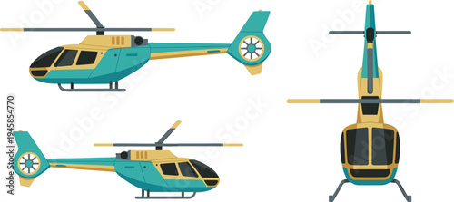 Helicopter illustration set, modern rescue and transport helicopter from multiple views isolated on white background, aviation vector