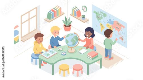 Students learn geography in a classroom with a globe and map