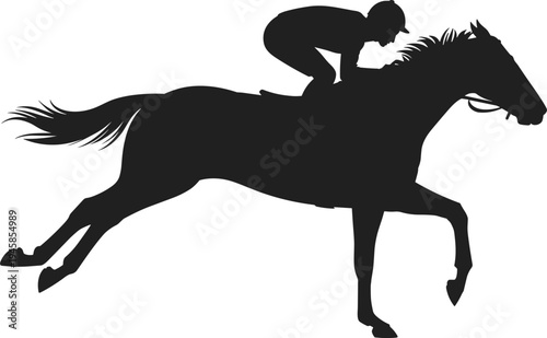 Horse racing jockey silhouette, galloping racehorse rider illustration, equestrian sport action vector, competitive horse racing scene design