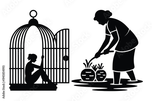 Social issue vector: trapped person & farmer harvesting roots illustra