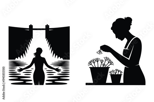 Environmental concepts: dam water & woman gardening plants silhouette