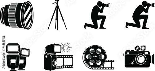 Male photographer silhouette crouching with camera and flash taking photo of young female model standing in studio isolated on white.