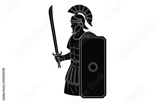 Roman soldier warrior with sword and shield black and white icon