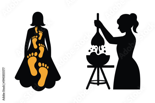 Woman with footprints dress and woman cooking icon
