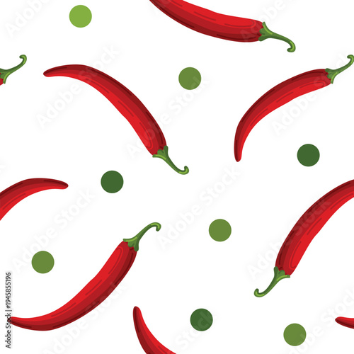 Red hot spicy chilli pepper vector illustration capsicum vegetable seamless pattern polka dot fun creative