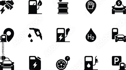 Silhouette icons of vehicle fueling, electric charging, gasoline pump, hydrogen station, biofuel symbol, energy infrastructure, sustainable transport, automotive power design illustration