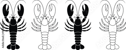 Lobster silhouette and outline set, seafood crustacean marine animal icons collection, ocean food vector illustration pack