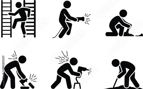 Silhouette icons of workers, ladder climbing, power tool usage, hammering, drilling, digging, occupational safety, construction labor, industrial hazard illustration design