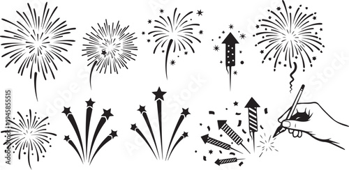 Fireworks illustrations with hand holding sparkler on white background