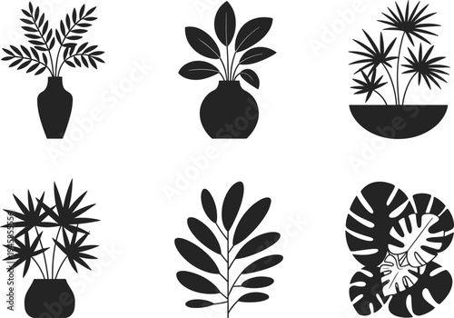 black tropical houseplant silhouettes in pots isolated on white background for interior design and home gardening graphics