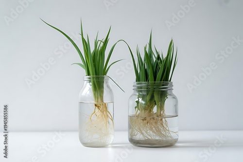 Two Vases with Green Plants and Dried Grass on a White Background