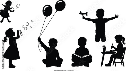 Silhouette of children playing, reading, drawing, blowing bubbles, watering plants, holding balloons, toy airplane, creative learning, childhood activity illustration