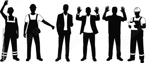 Silhouette of construction workers and business professionals, teamwork concept, workplace diversity, collaboration illustration, industry roles, corporate communication, occupational unity design