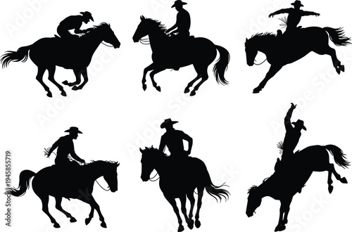Cowboy riding horse silhouettes, rodeo rider action collection, western ranch sport illustration, bucking horse vector, equestrian cowboy lifestyle design