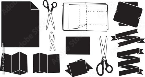 Black paper crafting supplies and tools illustration set