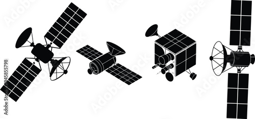 Silhouette of satellites with solar panels, communication dish, space technology illustration, orbital design, scientific research, observation equipment, aerospace engineering concept