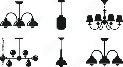 Ceiling light fixture silhouette illustration design, chandelier pendant lamp artwork concept, interior lighting theme, decorative decor symbol, modern graphic style image