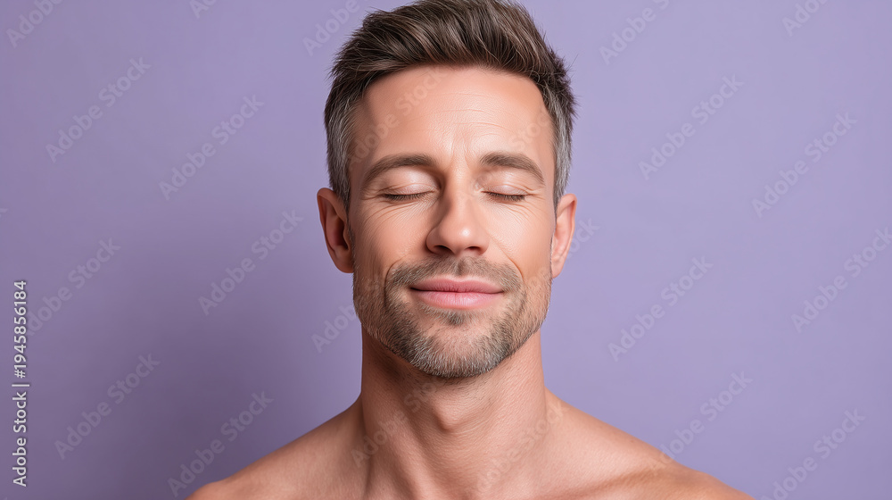Naklejka premium Relaxed man smooth skin muted lavender spa calm expression closed eyes