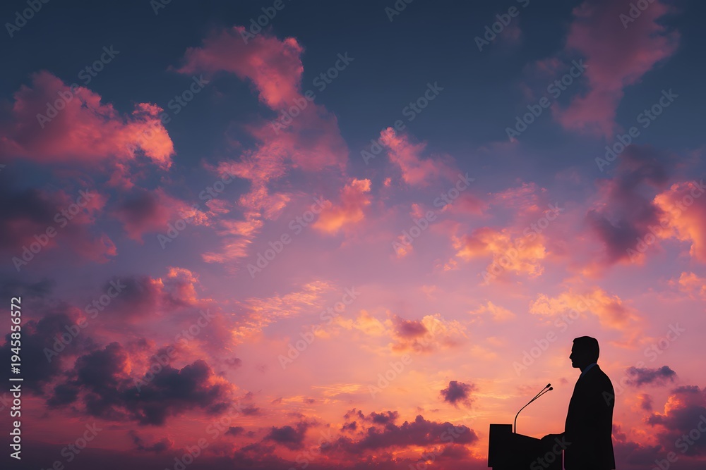 Obraz premium Speaker Silhouette at Podium Against Dramatic Sunset Sky with Clouds