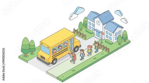 Students arrive at school in an isometric vector illustration of a yellow bus stopping outside a building for education