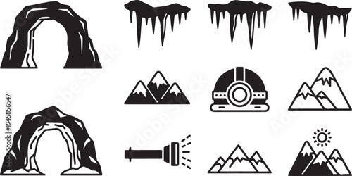 Black and white mountain and cave icons set collection