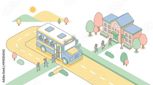 Students boarding a school bus near a school building on a sunny day for education