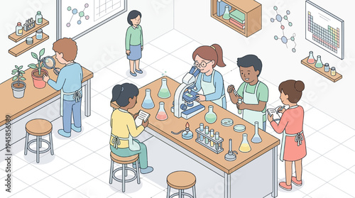 Students engage in interactive education learning with teacher in science lab setting