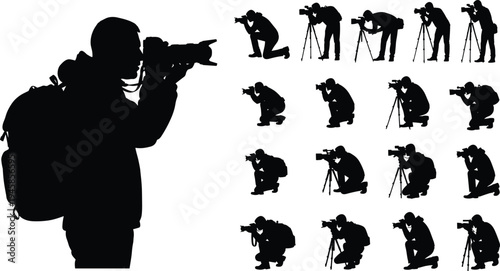 Silhouette set of professional photographers and videographers with cameras, tripods, backpacks, filming, taking photos, media production, journalism, creative photography, video, recording.