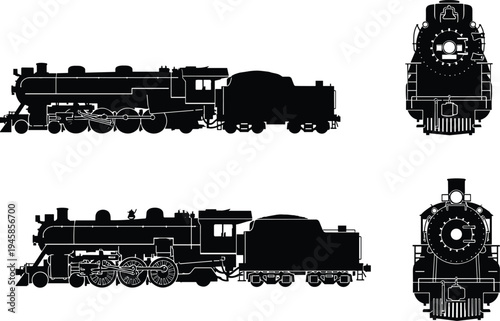 Steam locomotive silhouette illustration, vintage train design, railway engine front and side view, retro transportation artwork, industrial heritage graphic, black vector