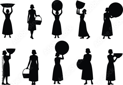 Collection of village woman silhouettes carrying baskets and water pots for rural life, culture, and traditional labor design projects,