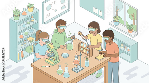 Students wearing goggles engage in a science education experiment in a classroom setting