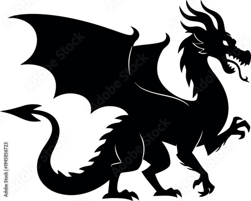 A black silhouette of a mythical dragon with wings and sharp claws