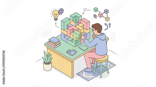 Student studying with educational blocks on desk in classroom setting