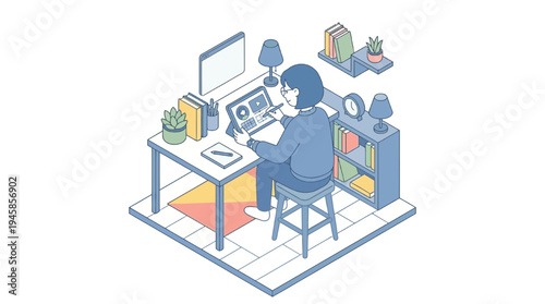 A person engages in online education sitting at a cluttered desk with computer and books in a home office environment.