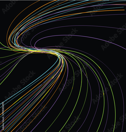 A dynamic abstract digital art piece featuring a multitude of glowing, curved lines sweeping across a solid background, ideal for backgrounds related to fiber optics, data flow, or electronic music