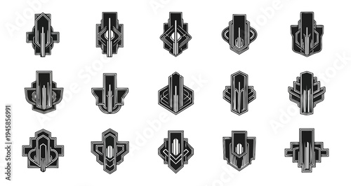 Art deco style emblems collection on black background